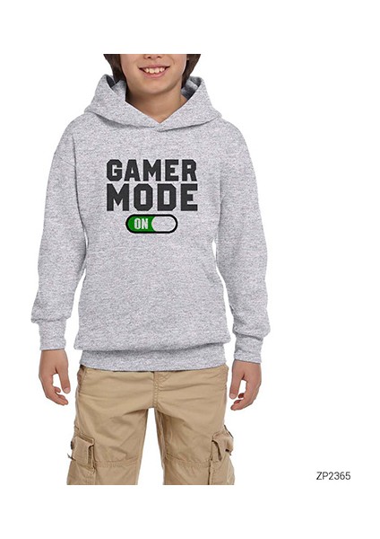 Gamer Mode On Gri Çocuk Kapşonlu Sweatshirt