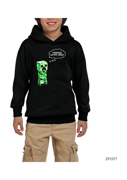 Mine-Craft Creepers Gonna Creep Siyah Çocuk Kapşonlu Sweatshirt