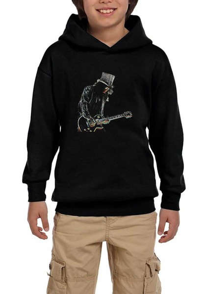 Slash Siluet Guitar Siyah Çocuk Kapşonlu Sweatshirt