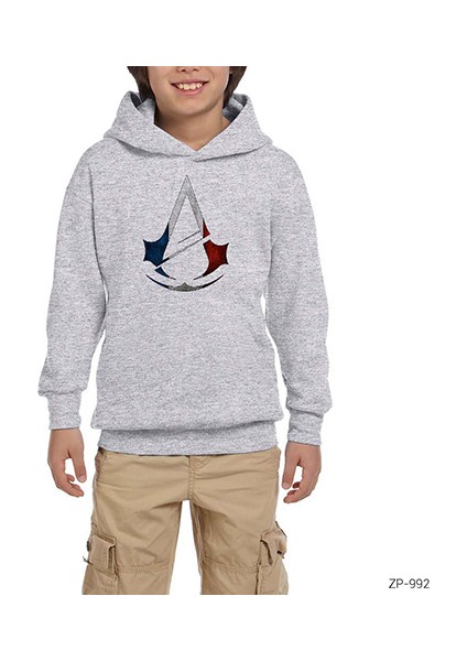 Assassins Creed Logo Color Gri Çocuk Kapşonlu Sweatshirt