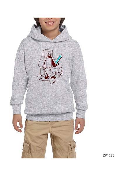 Mine-Craft Sketcky Steve Gri Çocuk Kapşonlu Sweatshirt