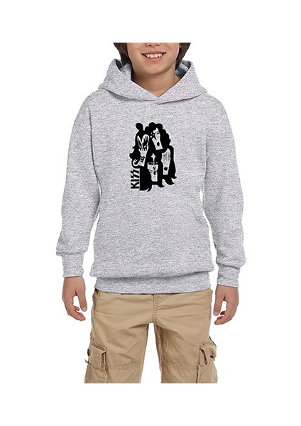Kiss Cartoon Face Gri Çocuk Kapşonlu Sweatshirt