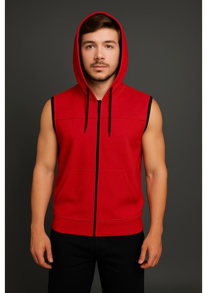 Erkek Kırmızı Fermuarlı Kapüşonlu Kanguru Cepli Kolsuz Interlok YELEK-Y1142