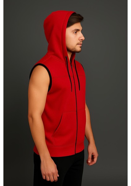 Erkek Kırmızı Fermuarlı Kapüşonlu Kanguru Cepli Kolsuz Interlok YELEK-Y1142 fiyatları