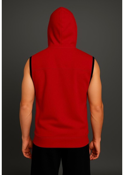 Erkek Kırmızı Fermuarlı Kapüşonlu Kanguru Cepli Kolsuz Interlok YELEK-Y1142 modelleri