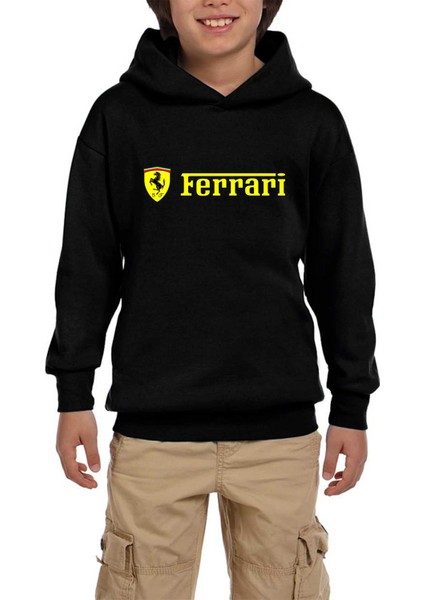 Ferari Logo Gold Text Siyah Çocuk Kapşonlu Sweatshirt
