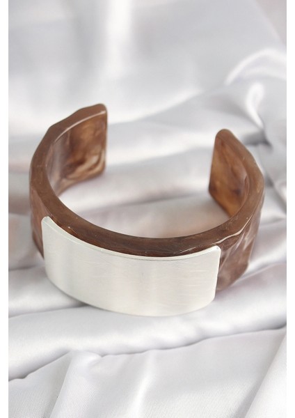 Kahverengi Mermer Desen Akrilik Plastik Gümüş Dikdörtgen Plaka Vintage Kadın Bilezik fiyatları