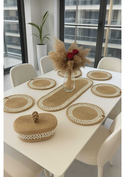 6’lı Supla 1 Runner 1 Kapaklı Örgü Ekmek Sepeti Seti Bej Krem Desenli Sunumluk