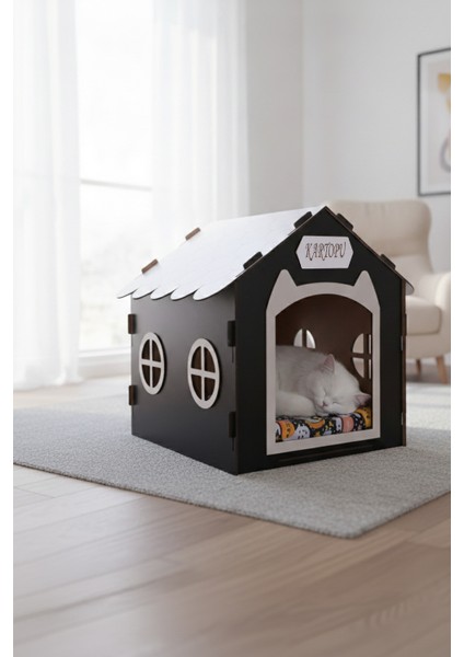Ahşap Özel Isim Baskılı Dekoratif Kedi Evi-Kulübesi, Kediler Için Kulübe, Kedi Kulübesi Siyah