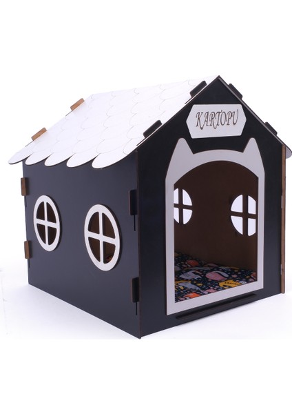 Ahşap Özel Isim Baskılı Dekoratif Kedi Evi-Kulübesi, Kediler Için Kulübe, Kedi Kulübesi Siyah modelleri