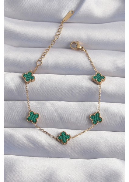 316L Çelik Baby Boy Gold Renk Çizgili Yeşil Mineli Yonca Bileklik