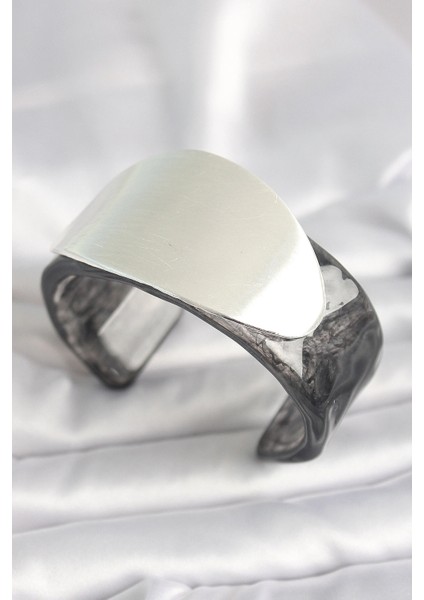 Siyah Mermer Desen Akrilik Plastik Gümüş Oval Plaka Model Vintage Kadın Bilezik