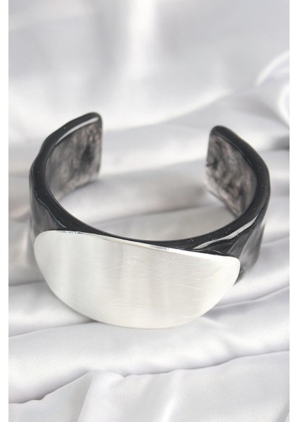 Siyah Mermer Desen Akrilik Plastik Gümüş Oval Plaka Model Vintage Kadın Bilezik fiyatları