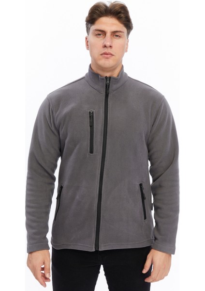 Erkek Polar Ceket Tam Fermuarlı 3 Cepli Gri