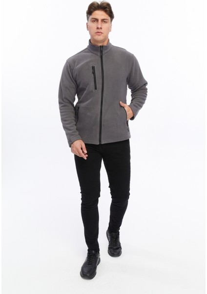 Erkek Polar Ceket Tam Fermuarlı 3 Cepli Gri