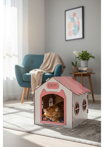Ahşap Özel Isim Baskılı Dekoratif Kedi Evi-Kulübesi, Kediler Için Kulübe, Kedi Kulübesi Beyaz-Pembe