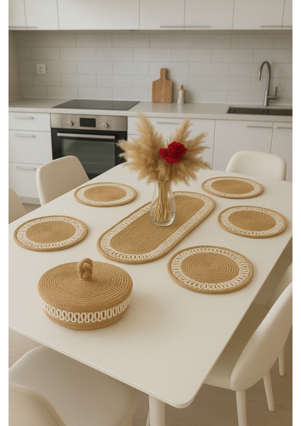Jüt Amerikan Servis Takımı 6’lı Supla 1 Runner 1 Kapaklı Örgü Ekmek Sepeti Bej Krem Desenli Sunmluk