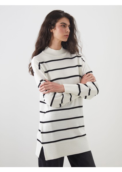 Yeni Sezon Dik Yaka Çizgili Kadın Triko Tunik