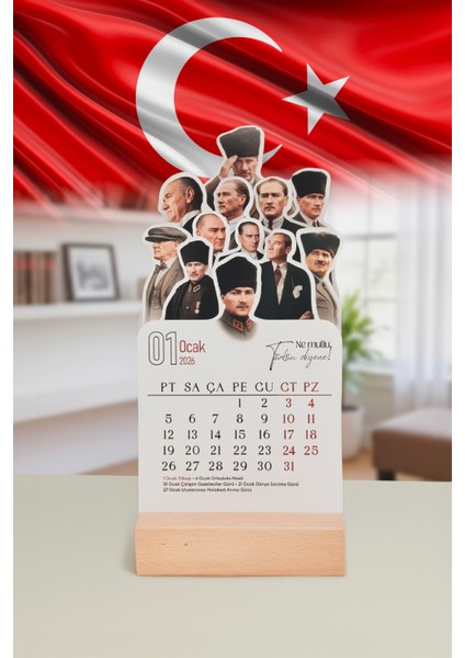 2026 Mustafa Kemal Atatürk Takvimi - Ahşap Stantlı Masa Takvimi, Ahşap Ayaklı Atatürk 2026 Takvim