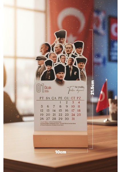 2026 Mustafa Kemal Atatürk Takvimi - Ahşap Stantlı Masa Takvimi, Ahşap Ayaklı Atatürk 2026 Takvim indirimleri