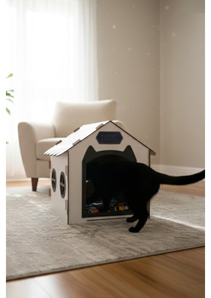 Ahşap Özel Isim Baskılı Dekoratif Kedi Evi-Kulübesi, Kediler Için Kulübe, Kedi Kulübesi Beyaz-Siyah