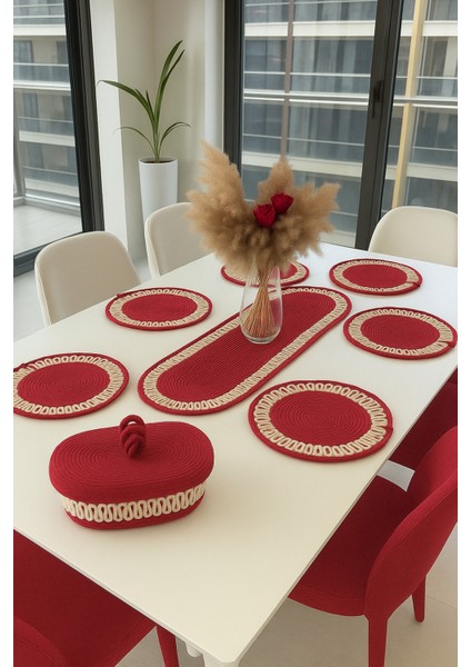 6’lı Supla 1 Runner 1 Kapaklı Örgü Ekmek Sepeti Seti Kırmızı Krem Desenli Sunumluk