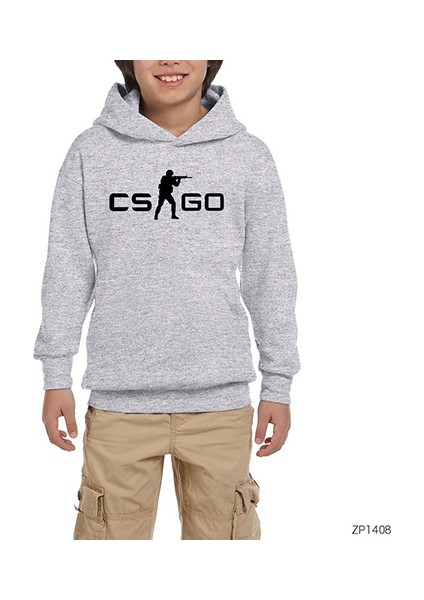 Counter Strike Csgo Logo Gri Çocuk Kapşonlu Sweatshirt