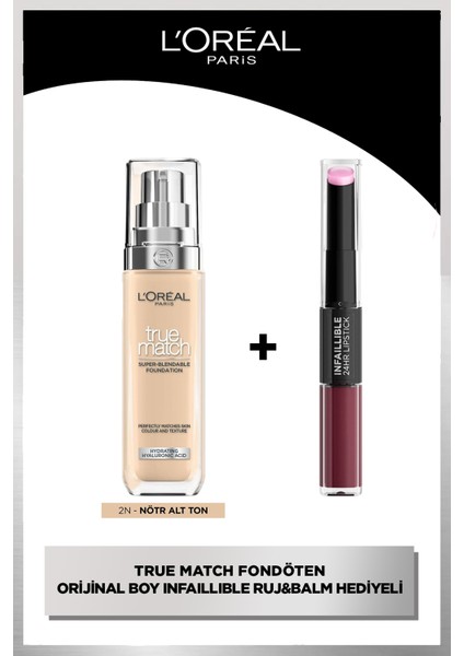 true Match Bakım Yapan Fondöten - 2n Nötr Alt Ton + Infaillible Likit Ruj & Balm - 215 Wine Oclock