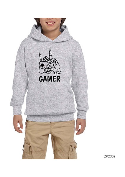 Gamer %100 Gri Çocuk Kapşonlu Sweatshirt