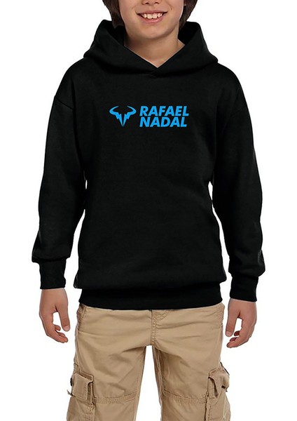 Rafael N. Blue Logo Text Siyah Çocuk Kapşonlu Sweatshirt