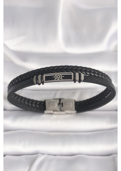 316L Çelik Gümüş Renk Gemi Dümeni Figür Siyah Burgu Deri Kordon Model Erkek Bileklik