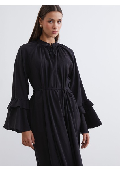 Yeni Sezon Bağlamalı Yaka Fırfırlı Büzgülü Elbise
