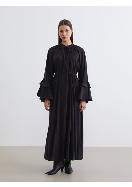 Yeni Sezon Bağlamalı Yaka Fırfırlı Büzgülü Elbise fiyatları