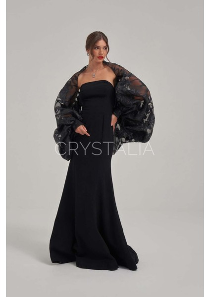 Taş Işlemeli Desenli Organze Şal Balık Elbise