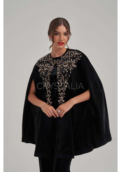 Pelerinli Taş Nakış Işlemeli Siyah Kadife Takım fiyatları