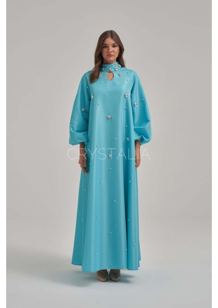 Tafta Özel Tasarım Taşlı Mavi Elbise