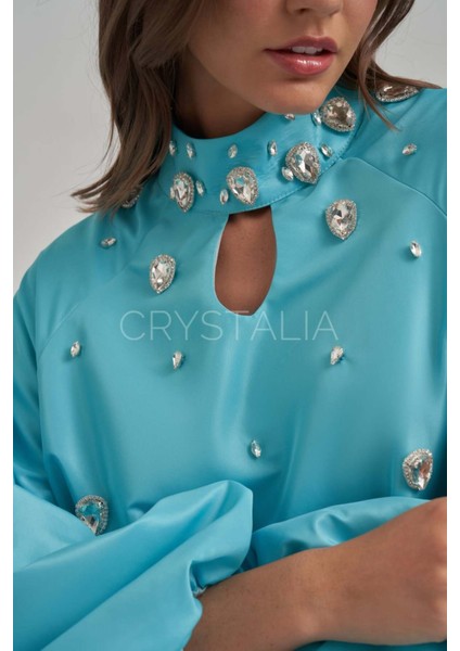 Tafta Özel Tasarım Taşlı Mavi Elbise fiyatları