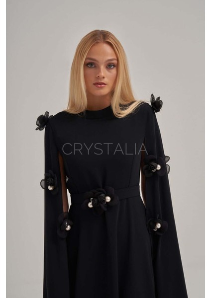 Inci ve Taş Işlemeli Çiçek Detaylı Siyah Krep Elbise fiyatları