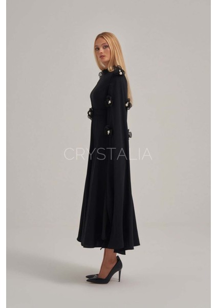 Inci ve Taş Işlemeli Çiçek Detaylı Siyah Krep Elbise modelleri