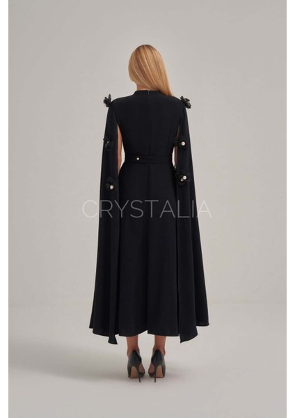 Inci ve Taş Işlemeli Çiçek Detaylı Siyah Krep Elbise fırsatları