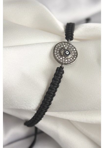 Pirinç Füme Renk Zirkon Taşlı Nazar Boncuk Işleme Makrome Asansörlü Model Kadın Bileklik