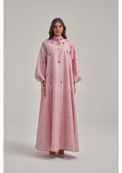 Tafta Özel Tasarım Taşlı Pembe Elbise