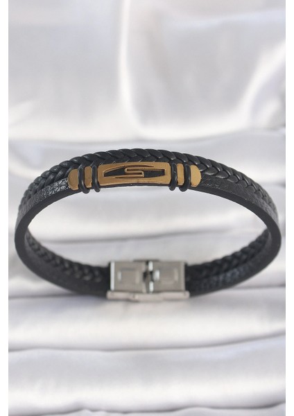 316L Çelik Gold Renk Aksesuarlı Çift Sıra Siyah Burgu Desenli Deri Kordon Erkek Bileklik