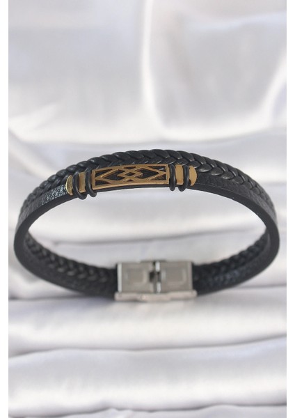 316L Çelik Gold Renk Aksesuarlı Çift Sıra Siyah Burgu Desenli Deri Kordon Erkek Bileklik