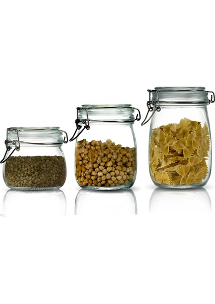 3'lü Set Korken Kavanoz Vakumlu Kilitli Cam Saklama Kavanozu 500ML - 750ML - 1000ML