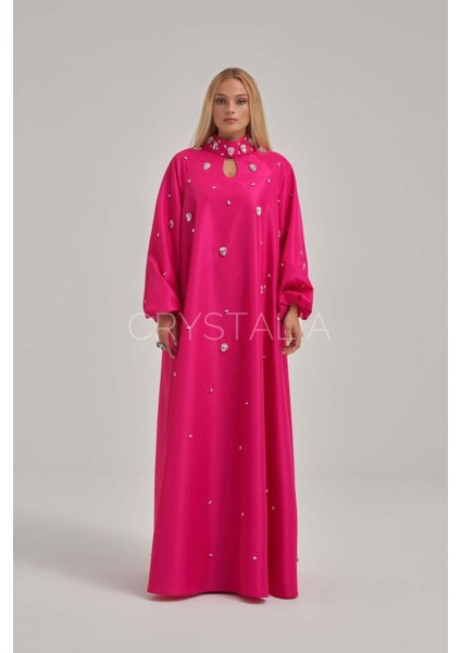 Tafta Özel Tasarım Taşlı Fuşya Elbise