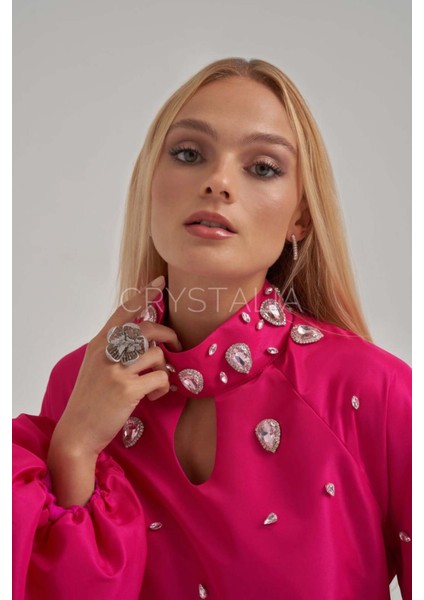 Tafta Özel Tasarım Taşlı Fuşya Elbise fiyatları