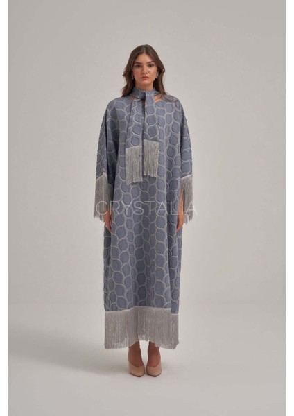 Desenli Kot Püskül Detaylı Elbise