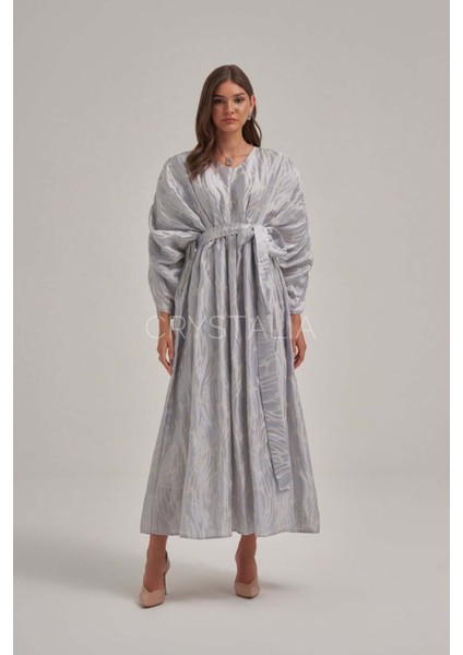 Desenli Püskül Detaylı Belden Bağlamalı Elbise