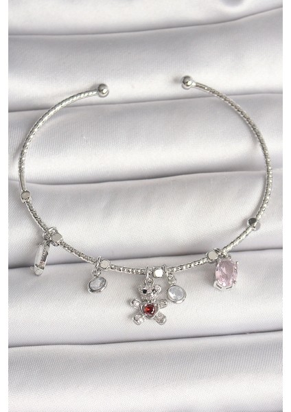 Pirinç Gümüş Renk Sallantı Zirkon Taşlı Ayıcık Figür Kırmızı Taş Detay Charm Kadın Bileklik